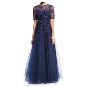 Teri Jon Navy Beaded Lace & Tulle Gown